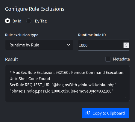 Screenshot of the LoadMaster 360 rule exclusion panel.