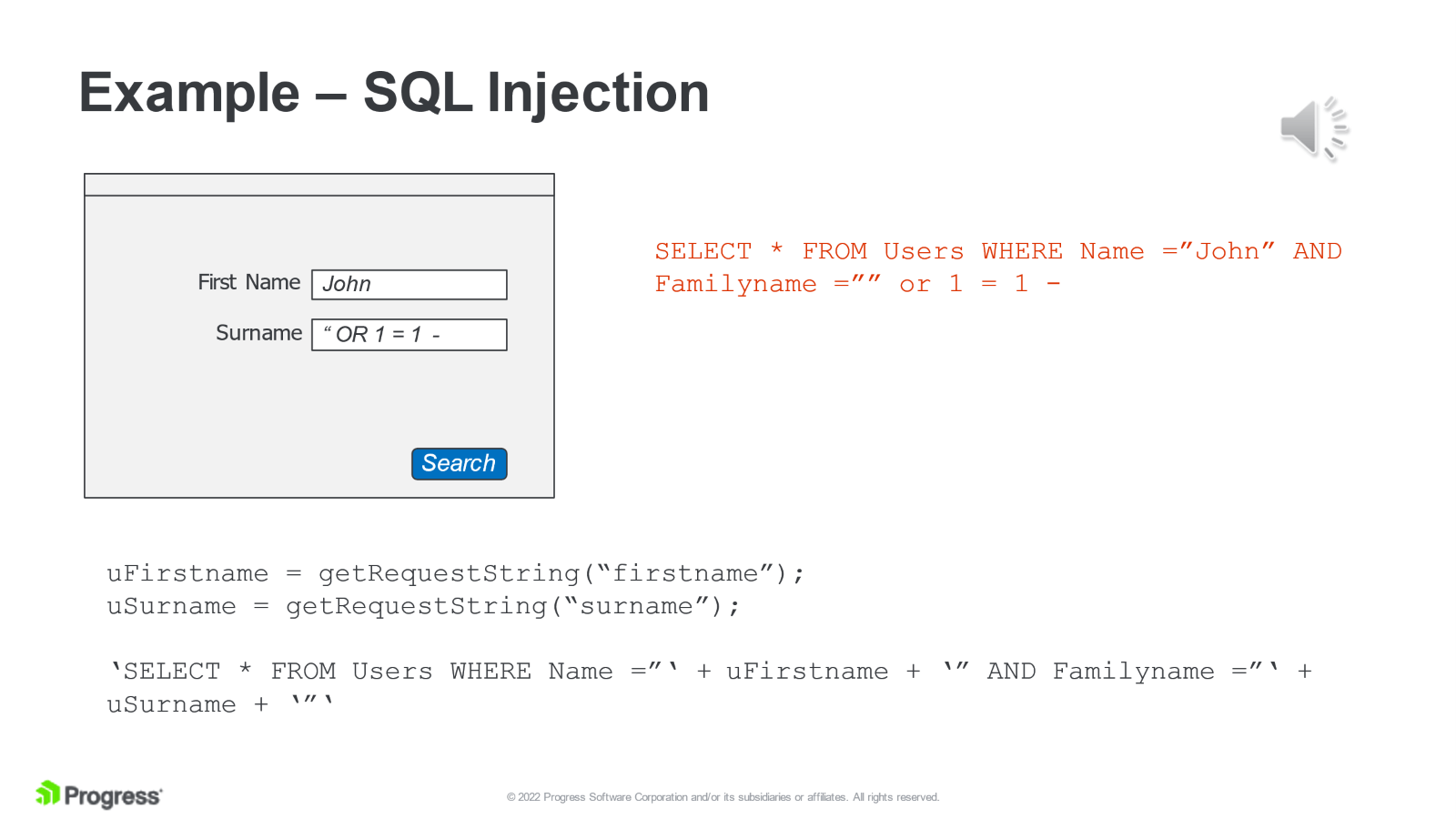 Beispiel für einen SQL-Injection-Angriff: Ein Formular wird mit „John“ im Vornamenfeld und einem bösartigen SQL-String im Nachnamenfeld ausgefüllt. Die resultierende Abfrage umgeht die Authentifizierung.
