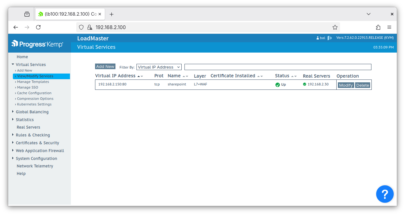 UI displaying information about virtual IP addresses