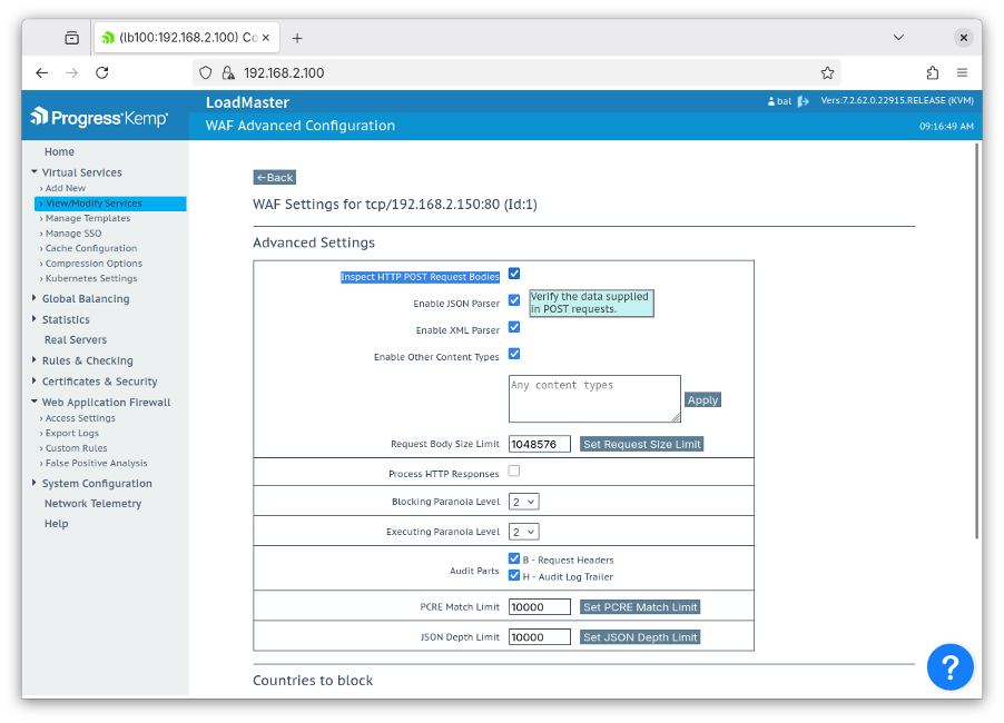 Screenshot of a LoadMaster web UI showing the Advanced Settings page of the WAF setup